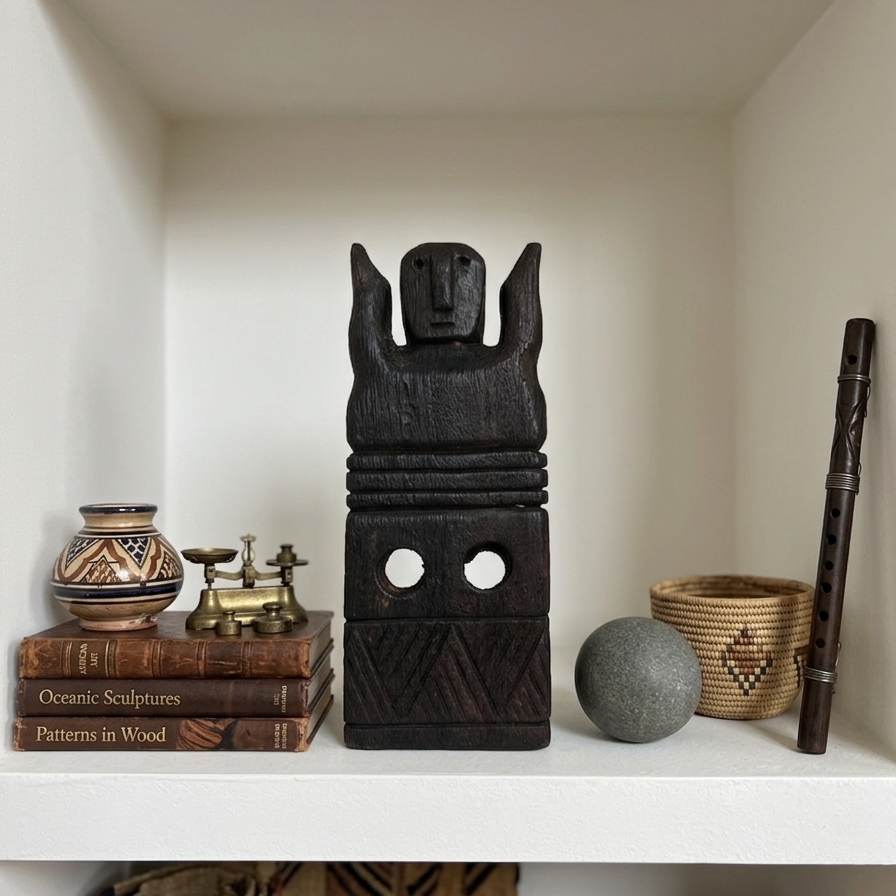 Stylized black wooden figurine on a white built-in shelf surrounded by global artifacts, antique books, and a woven basket for a curated aesthetic.