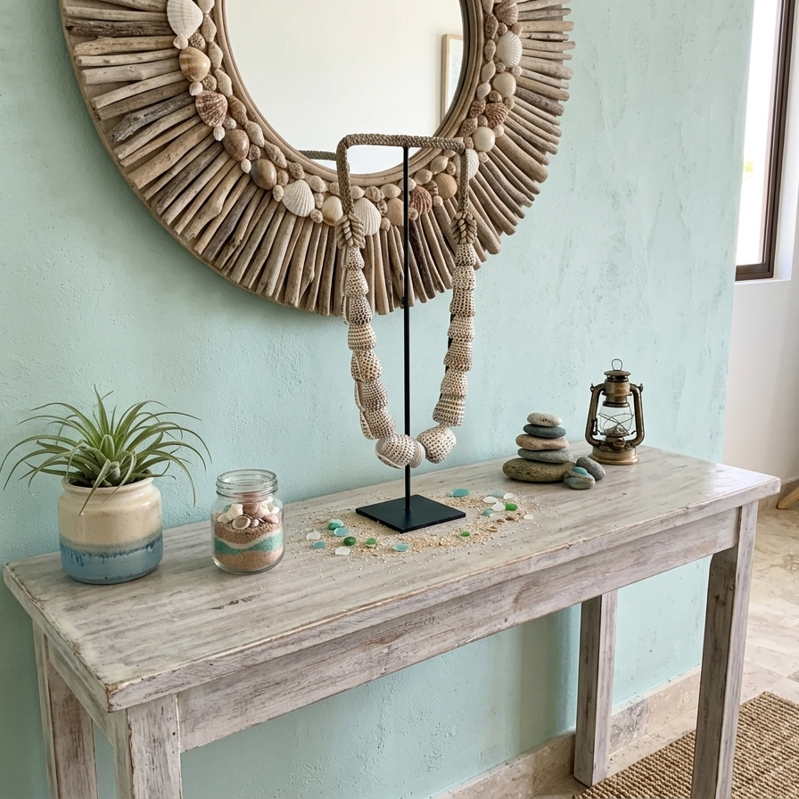 Large 60cm coastal decor shell sculpture on stand, tribal shell lei home accessory for mantel or sideboard styling, Oceanique Textiles collection.