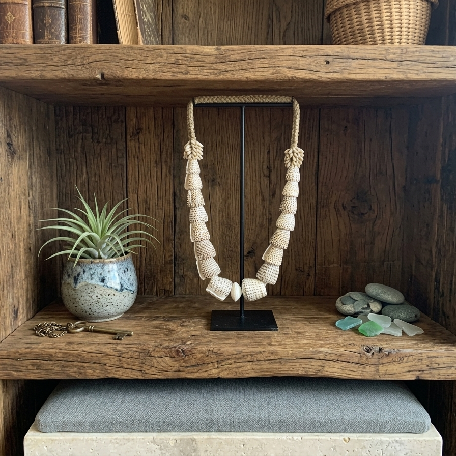 Large 60cm coastal decor shell sculpture on stand, tribal shell lei home accessory for mantel or sideboard styling, Oceanique Textiles collection.