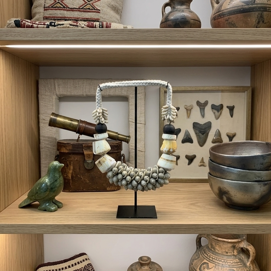 A handcrafted tribal-style statement necklace made of white sea shells, polished bone-colored resin rings, and black beads, displayed on a minimalist black metal stand.