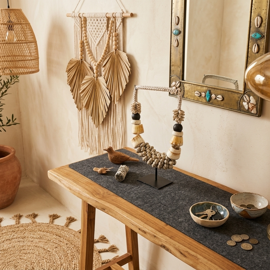 A handcrafted tribal-style statement necklace made of white sea shells, polished bone-colored resin rings, and black beads, displayed on a minimalist black metal stand.