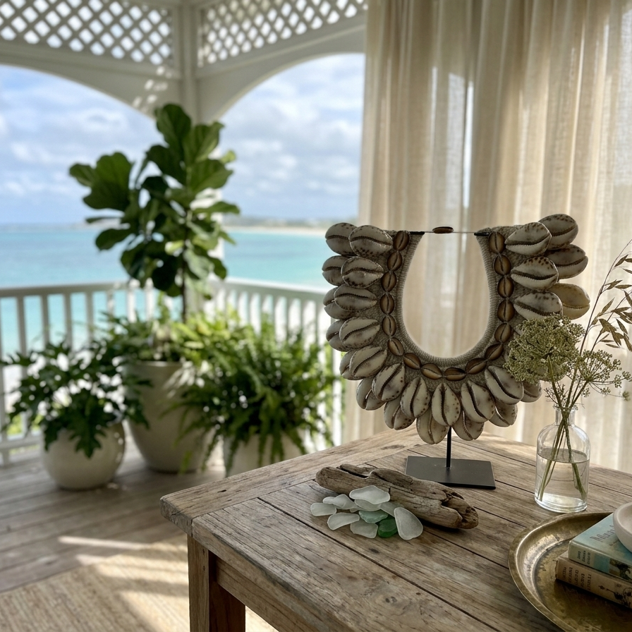 Handcrafted tribal-style necklace featuring polished Tiger Cowrie shells and money cowries woven onto a white macramé base, displayed on a black metal stand.