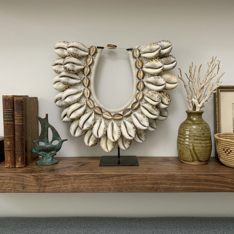 Handcrafted tribal-style necklace featuring polished Tiger Cowrie shells and money cowries woven onto a white macramé base, displayed on a black metal stand.