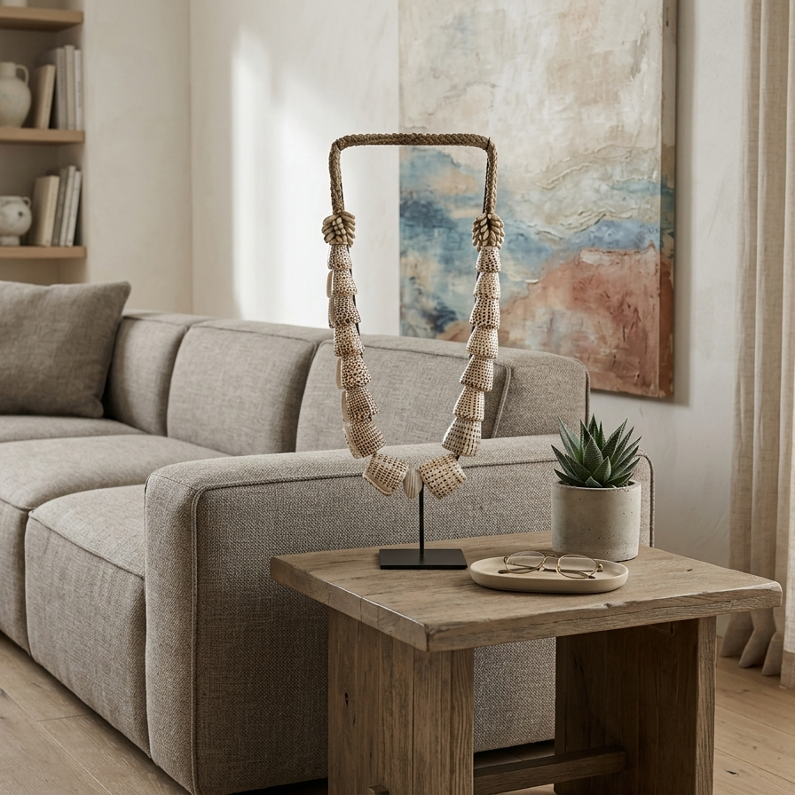 Large 60cm coastal decor shell sculpture on stand, tribal shell lei home accessory for mantel or sideboard styling, Oceanique Textiles collection.