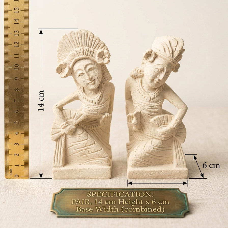 A product dimension photo showing a pair of 14 cm tall Balinese statues next to a brass ruler. A plaque at the bottom specifies: 