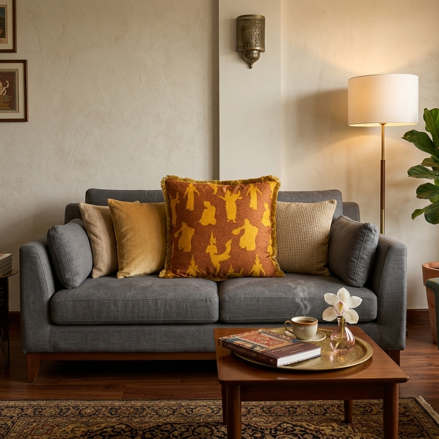Decorative square pillow cover featuring a traditional Thai celestial dancer pattern in saffron gold on a burnt orange background, finished with a thick golden bullion fringe.