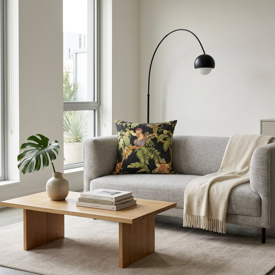 Decorative black throw cushion featuring a tropical jungle print with illustrated monkeys sitting on tree branches surrounded by lush green fern leaves and botanical foliage. Leaning in a grey sofa,