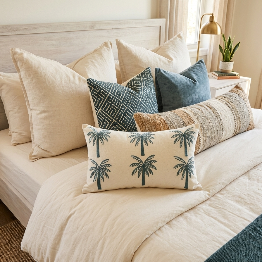 A rectangular off-white lumbar cushion featuring two rows of three identical palm trees embroidered in deep teal blue thread.