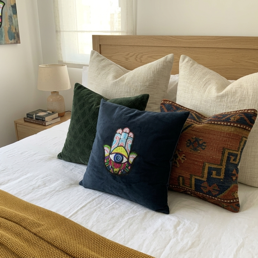 Midnight blue velvet cushion cover featuring a vibrant multi-colored sequin Hamsa Hand with an evil eye symbol in the center.