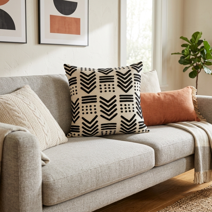 Square cream-colored throw pillow cover featuring raised black geometric embroidery in a tribal mudcloth pattern with chevrons, stripes, and dots.