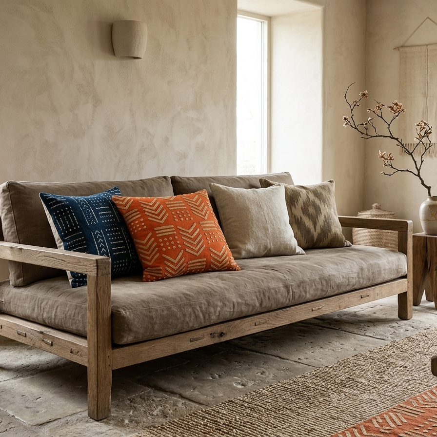 Square terracotta orange throw pillow cover with raised gold-toned geometric embroidery in a tribal mudcloth design featuring chevrons and dots.