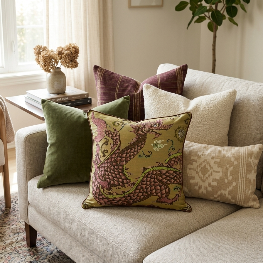 Square throw pillow cover featuring a traditional serpentine dragon illustration in mauve and sage green on a textured, muted gold background with dark brown piped edges.