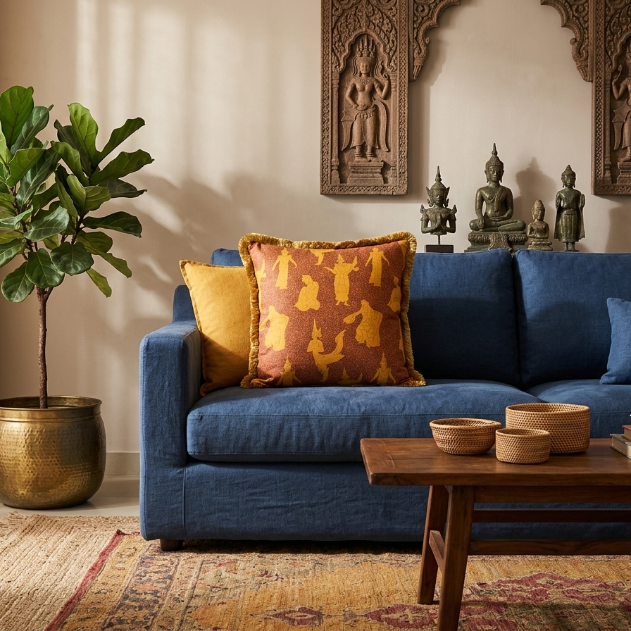 Decorative square pillow cover featuring a traditional Thai celestial dancer pattern in saffron gold on a burnt orange background, finished with a thick golden bullion fringe.