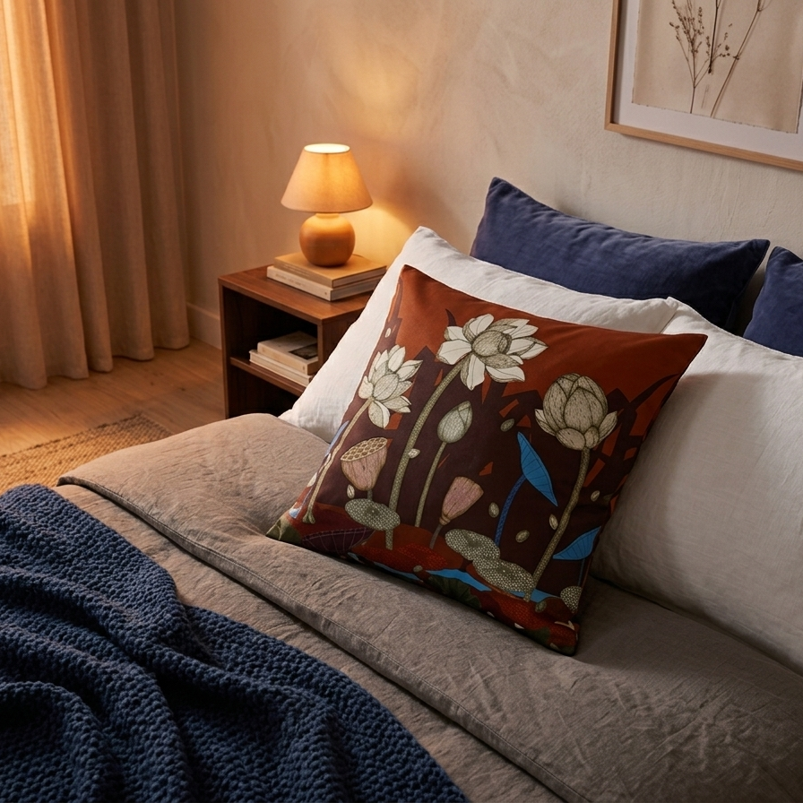 Close-up of a terracotta lotus pillow on a bed with linen sheets, illuminated by warm bedside lighting.