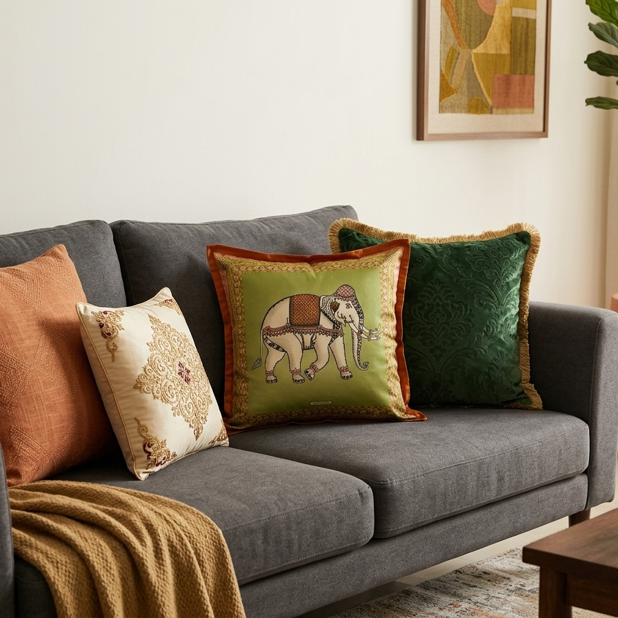 Jim Thompson luxury Thai silk decorative pillow featuring a white ceremonial elephant motif on a moss green background with a terracotta orange border.