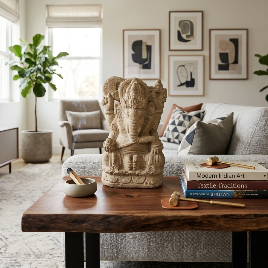 Hand-carved sandstone Ganesha statue styled on a rustic wood coffee table next to incense and art books in a bright, modern living room.
