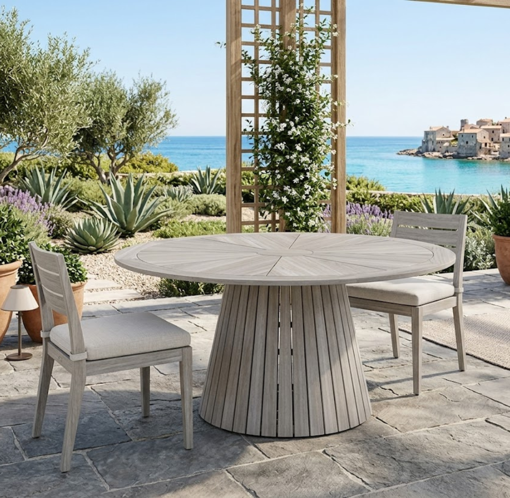 SLAT BASE ROUND TEAK DINING TABLE
